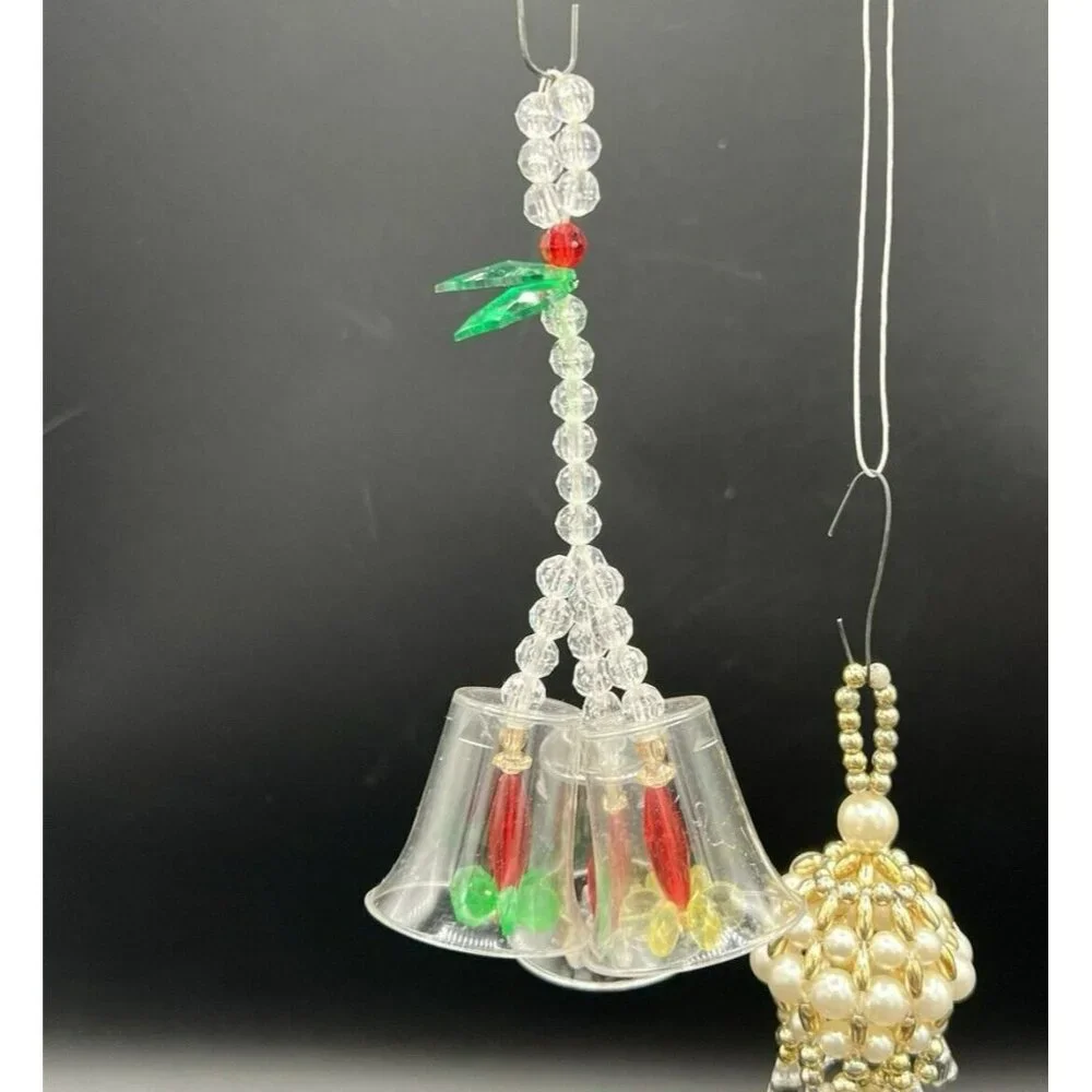 VTG Handmade Christmas Ornaments Bells Set of 7 Acrylic Beads Pink Silver Gold‎